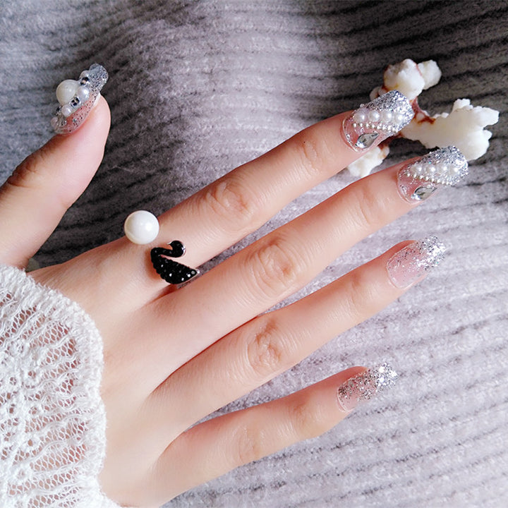 Elegant Pearl and Gem-Embellished Press-On Nails