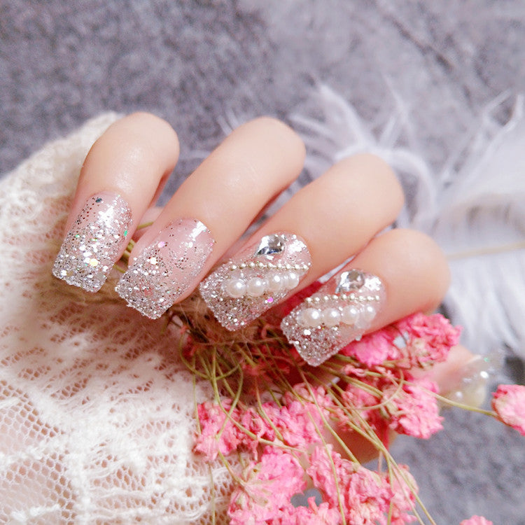 Elegant Pearl and Gem-Embellished Press-On Nails