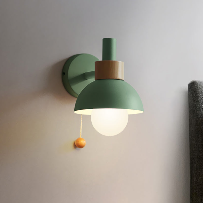 Macaron Domed Sconce Light Fixture 1 Bulb Wall Light Fixture with Metal Shade and Pull Chain in White/Pink/Green | Kalsten