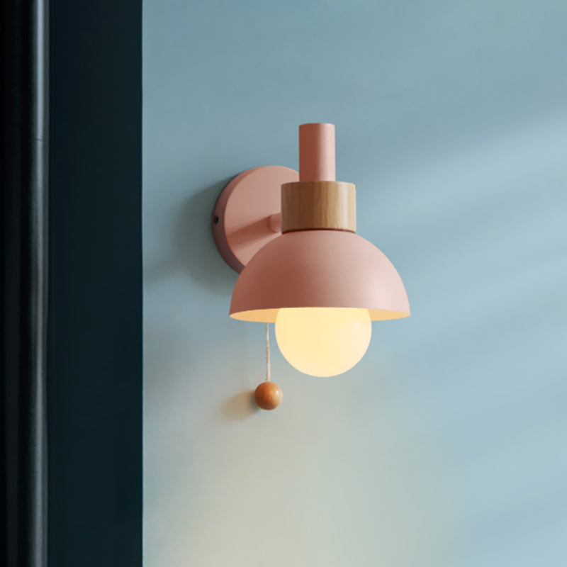 Macaron Domed Sconce Light Fixture 1 Bulb Wall Light Fixture with Metal Shade and Pull Chain in White/Pink/Green | Kalsten