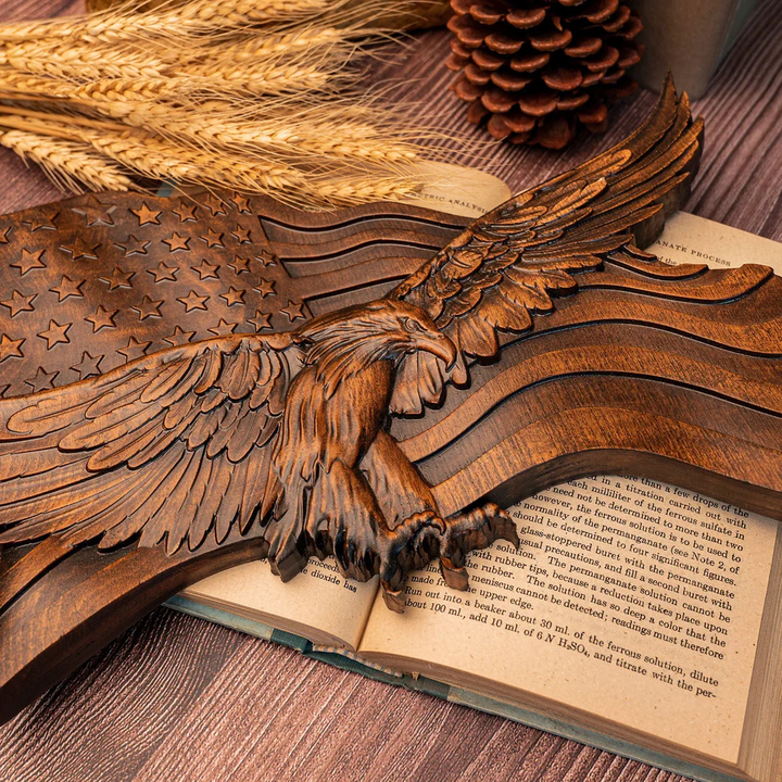 Kalsten | American Flag Wood Wall Art Hand Carved Eagle Patriotic Decoration