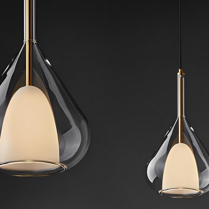 Industrial pendant light with double glass and raindrop design - Small hanging lamp for dining room and kitchen, modern minimalist design | Kalsten