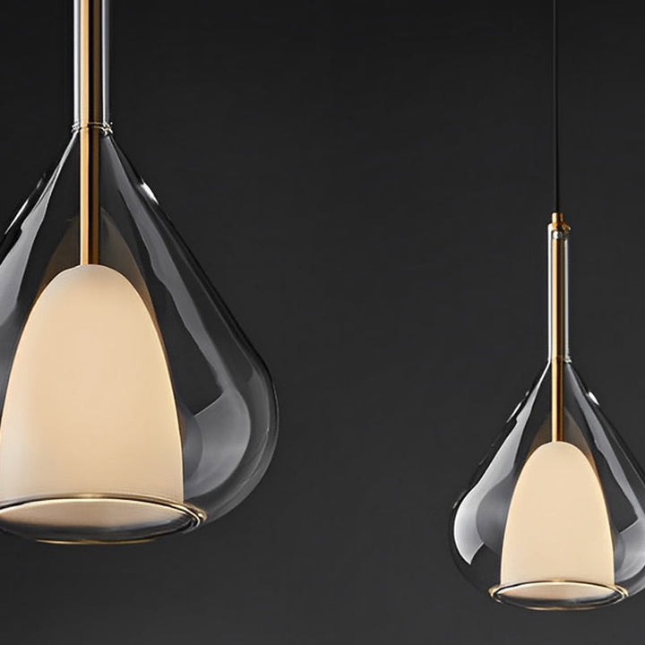 Industrial pendant light with double glass and raindrop design - Small hanging lamp for dining room and kitchen, modern minimalist design | Kalsten