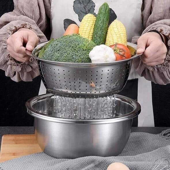3-in-1 Mixing Bowl Set Stainless Steel with Grater and Sieve | Kalsten