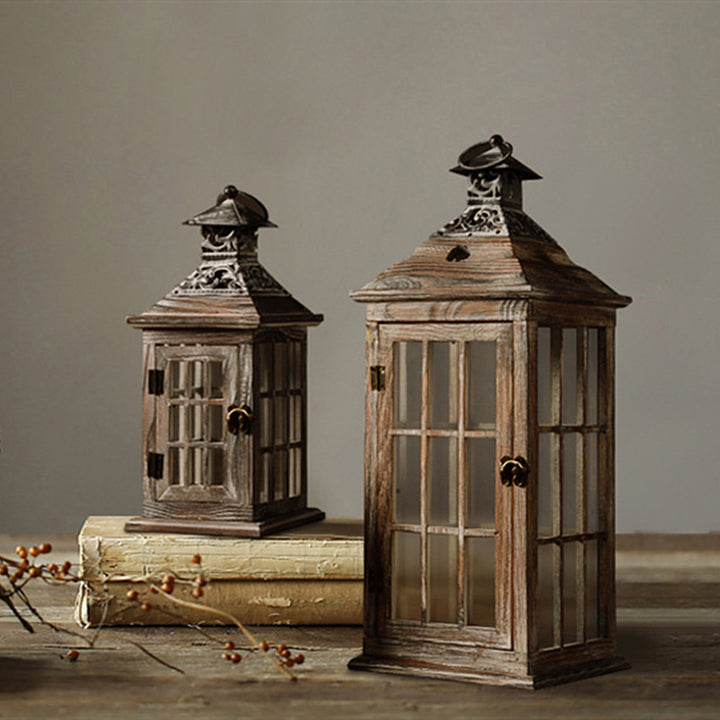 Rustic Distressed Wood Windowpane Glass Candle Lantern Set with Ornate Metal Roof Kalsten