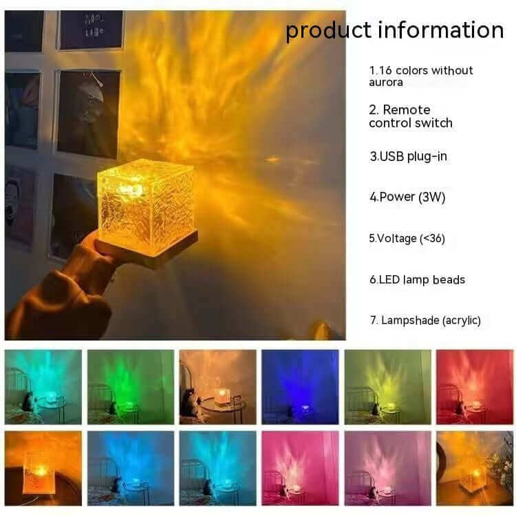 16 Colors LED Water Ripple Ambient Night Light USB Rotating Projection Crystal Table Lamp RGB Dimmable Home Decoration | Kalsten
