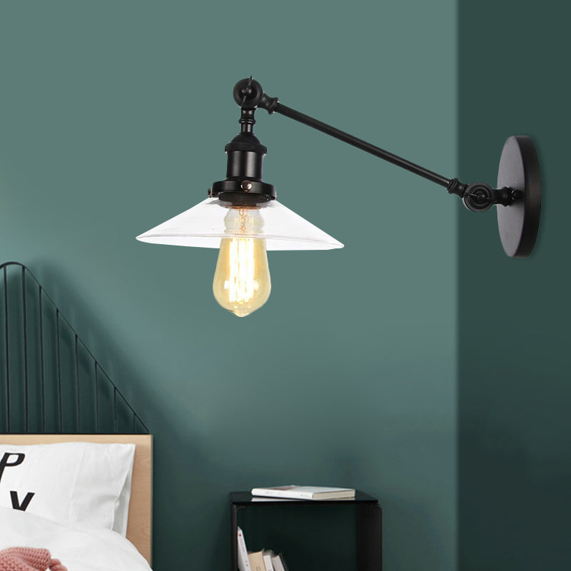 Kalsten | 1 Light Indoor Wall Lamp Vintage Black/Brass/Bronze Lighting Fixture with Cone Transparent Glass Shade, 8"/12" L Arm