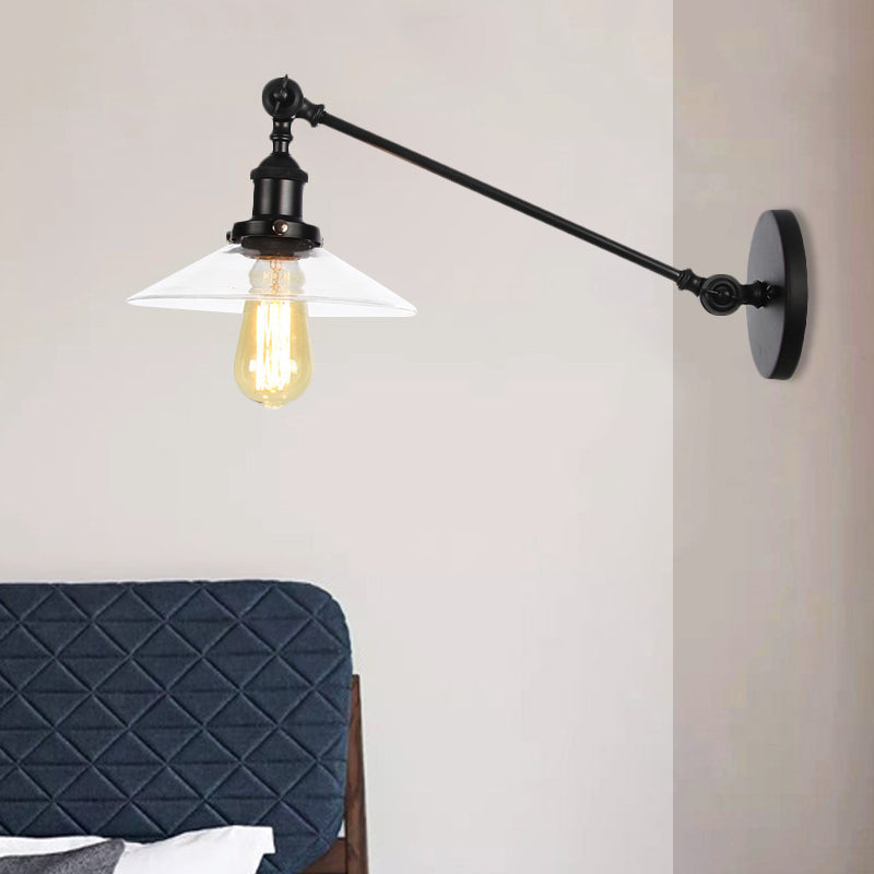 Kalsten | 1 Light Indoor Wall Lamp Vintage Black/Brass/Bronze Lighting Fixture with Cone Transparent Glass Shade, 8"/12" L Arm