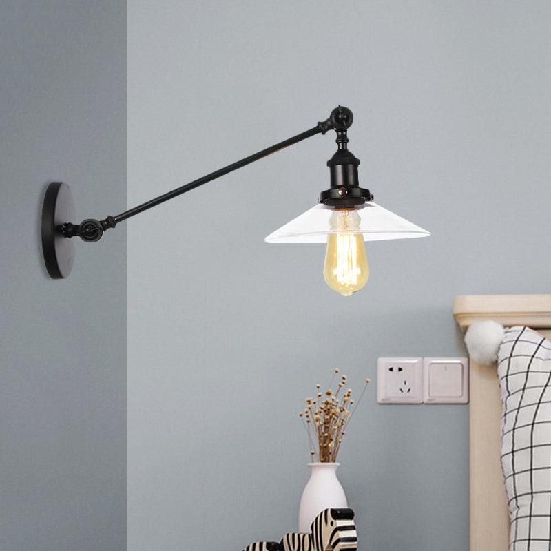 Kalsten | 1 Light Indoor Wall Lamp Vintage Black/Brass/Bronze Lighting Fixture with Cone Transparent Glass Shade, 8"/12" L Arm