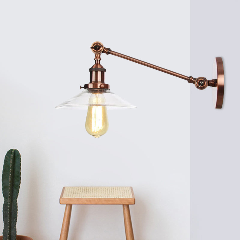 Kalsten | 1 Light Indoor Wall Lamp Vintage Black/Brass/Bronze Lighting Fixture with Cone Transparent Glass Shade, 8"/12" L Arm