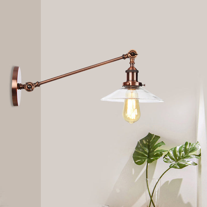 Kalsten | 1 Light Indoor Wall Lamp Vintage Black/Brass/Bronze Lighting Fixture with Cone Transparent Glass Shade, 8"/12" L Arm
