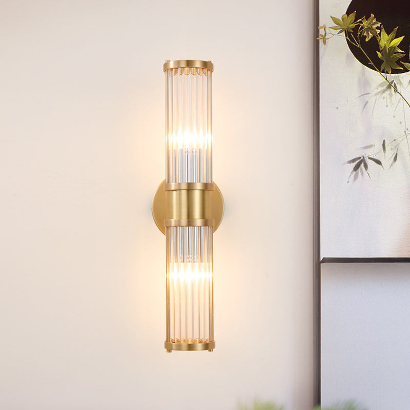 1/2-Light Corridor Wall Light Fixture Modernist Stylish Golden Wall Sconce with Cylindrical Clear Crystal Shade | Kalsten