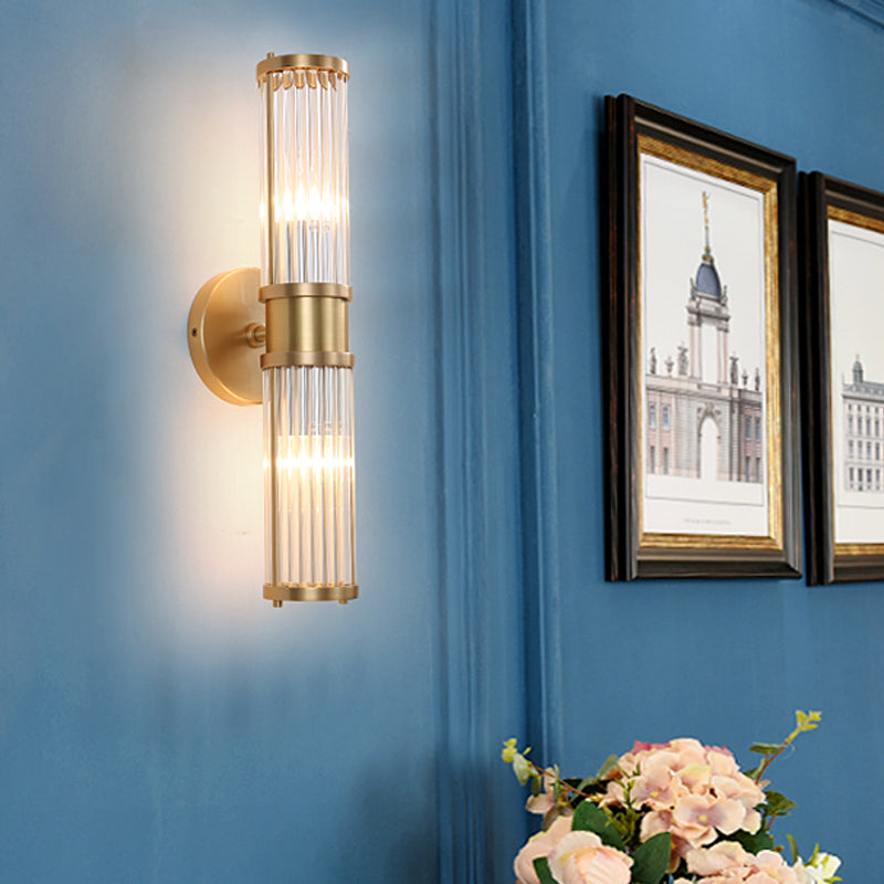 1/2-Light Corridor Wall Light Fixture Modernist Stylish Golden Wall Sconce with Cylindrical Clear Crystal Shade | Kalsten