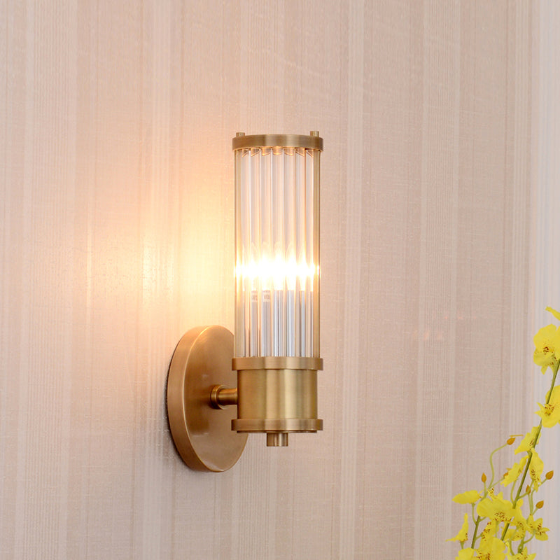 1/2-Light Corridor Wall Light Fixture Modernist Stylish Golden Wall Sconce with Cylindrical Clear Crystal Shade | Kalsten