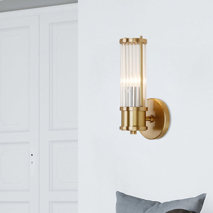 1/2-Light Corridor Wall Light Fixture Modernist Stylish Golden Wall Sconce with Cylindrical Clear Crystal Shade | Kalsten