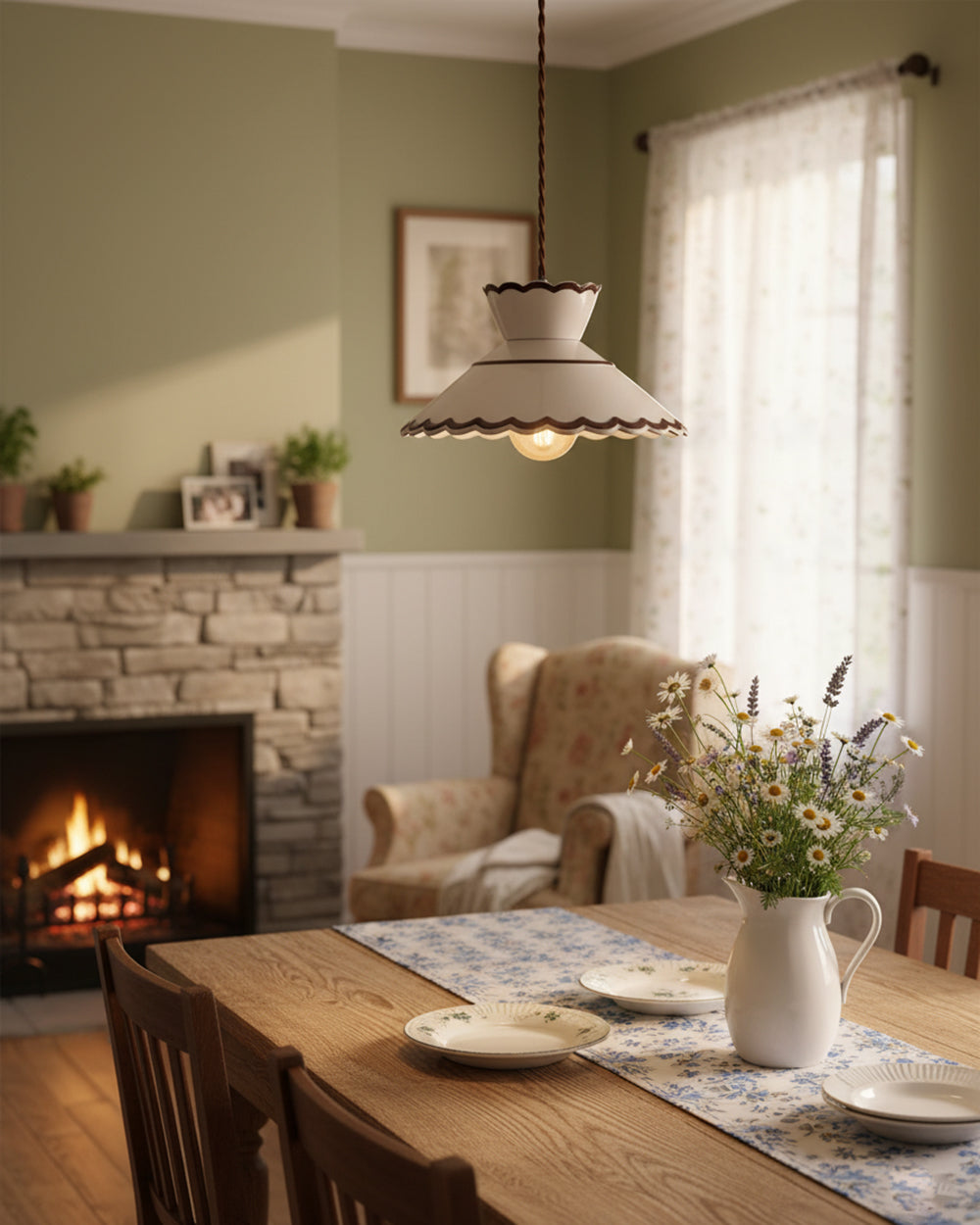 Pendant Light Ceramic 9.6 in Cream Vintage Dining Room Kitchen Island Hanging Ceiling Lamp | Kalsten