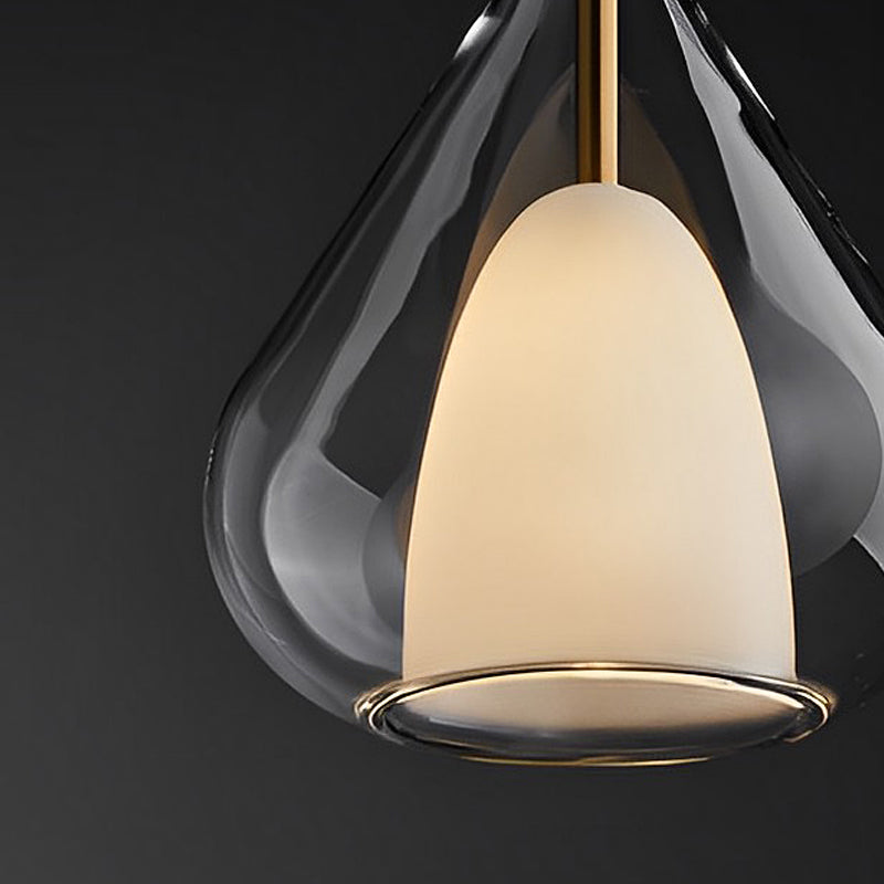 Industrial pendant light with double glass and raindrop design - Small hanging lamp for dining room and kitchen, modern minimalist design | Kalsten