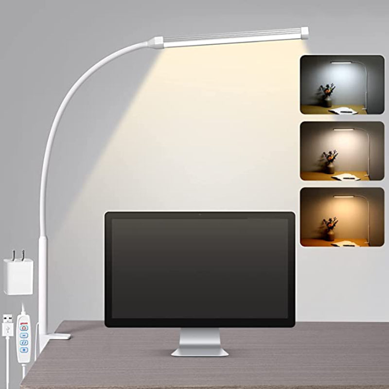 LED Desk Lamp with Lamp, eye-friendly Clip-On Lights for the Home Office, 3 Modes 10 Brightness Levels, long flexible Gooseneck, Metal, Swing Arm Architect Task Desk Lamps with USB Adapter, White | Kalsten