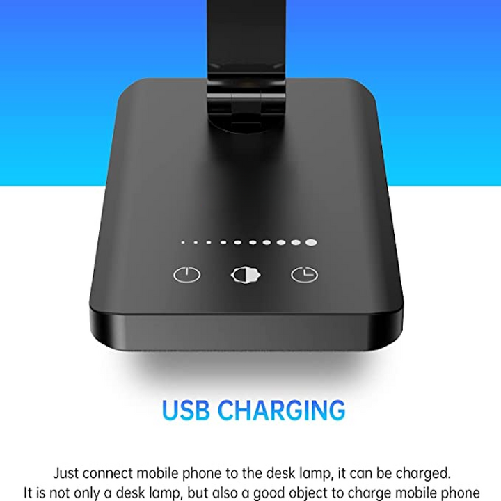 LED desk lamp with USB charging port, dimmable eye-friendly reading lamp for home, with 5 brightness levels & 3 light modes, touch control, auto timer (Black) | Kalsten