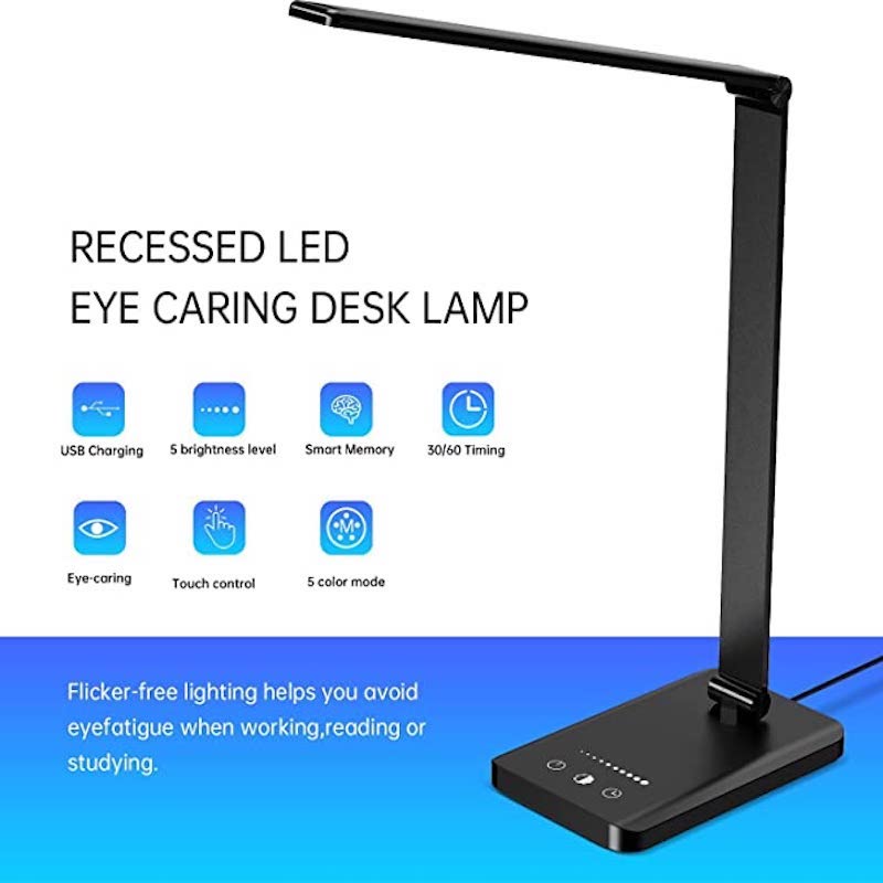 LED desk lamp with USB charging port, dimmable eye-friendly reading lamp for home, with 5 brightness levels & 3 light modes, touch control, auto timer (Black) | Kalsten
