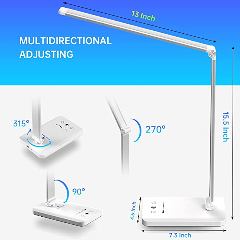 LED desk lamp with USB charging port, dimmable eye-friendly reading lamp for home, with 5 brightness levels & 3 light modes, touch control, auto timer (Black) | Kalsten