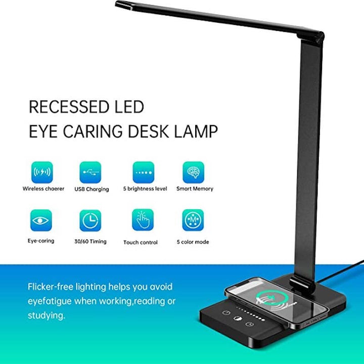 LED desk lamp with USB charging port, dimmable eye-friendly reading lamp for home, with 5 brightness levels & 3 light modes, touch control, auto timer (Black) | Kalsten
