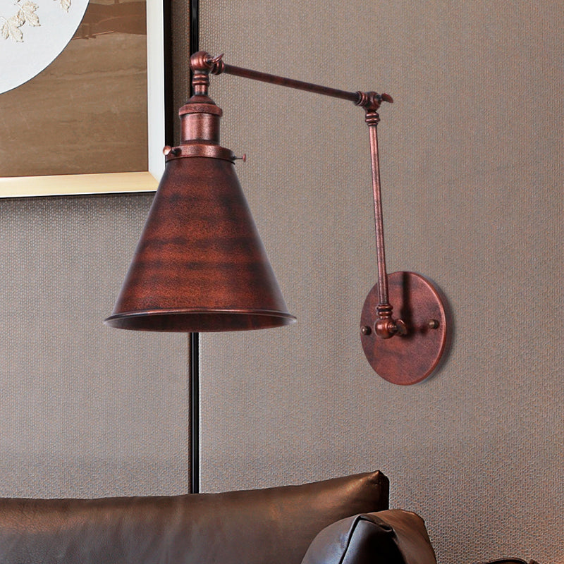 Farmhouse Style Cone Wall Sconce 1 Bulb Iron Wall Lighting Fixture in Black/Rust for Bedroom | Kalsten