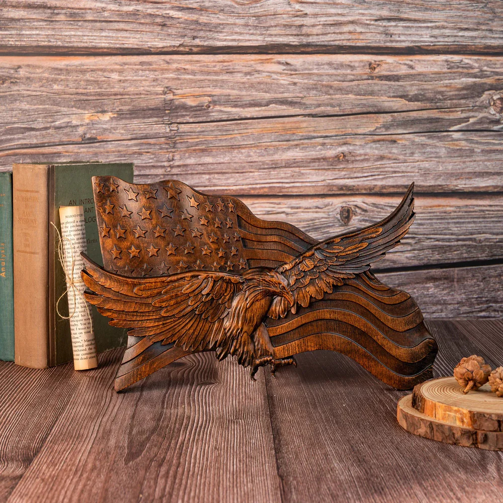 Kalsten | American Flag Wood Wall Art Hand Carved Eagle Patriotic Decoration