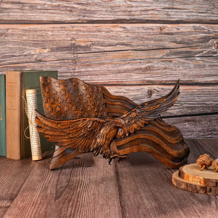 Kalsten | American Flag Wood Wall Art Hand Carved Eagle Patriotic Decoration