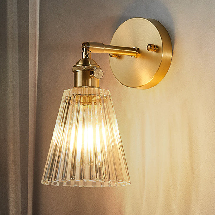 Tapered Clear Textured Glass Wall Lighting Industrial Single Bulb Dining Room Sconce Lamp in Brass | Kalsten