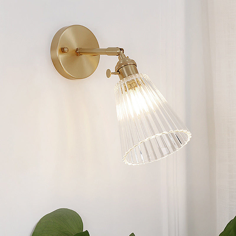 Tapered Clear Textured Glass Wall Lighting Industrial Single Bulb Dining Room Sconce Lamp in Brass | Kalsten