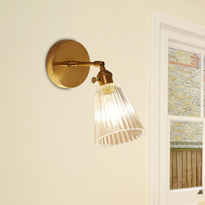 Tapered Clear Textured Glass Wall Lighting Industrial Single Bulb Dining Room Sconce Lamp in Brass | Kalsten