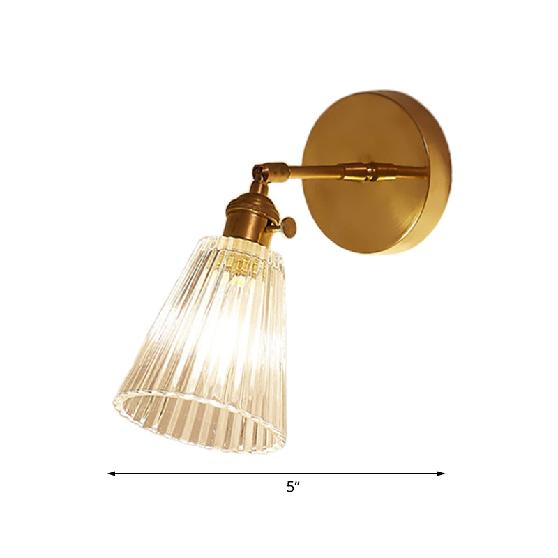 Tapered Clear Textured Glass Wall Lighting Industrial Single Bulb Dining Room Sconce Lamp in Brass | Kalsten