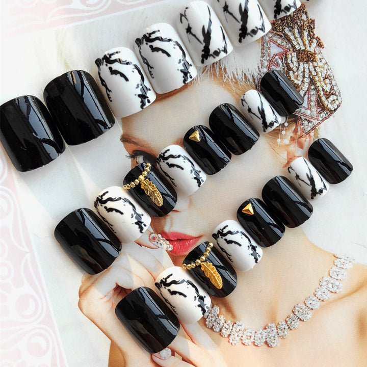 Artistic Press-On Nail Set with Geometric and Marble Patterns