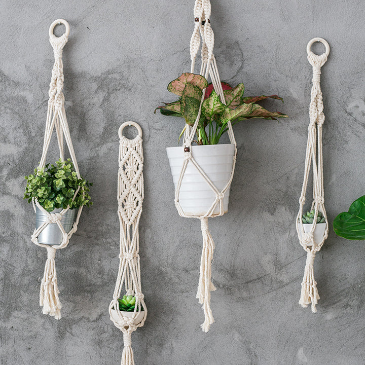 Macrame Plant Hanger Set made of cotton yarn hand-knotted with wooden ring and variable lengths