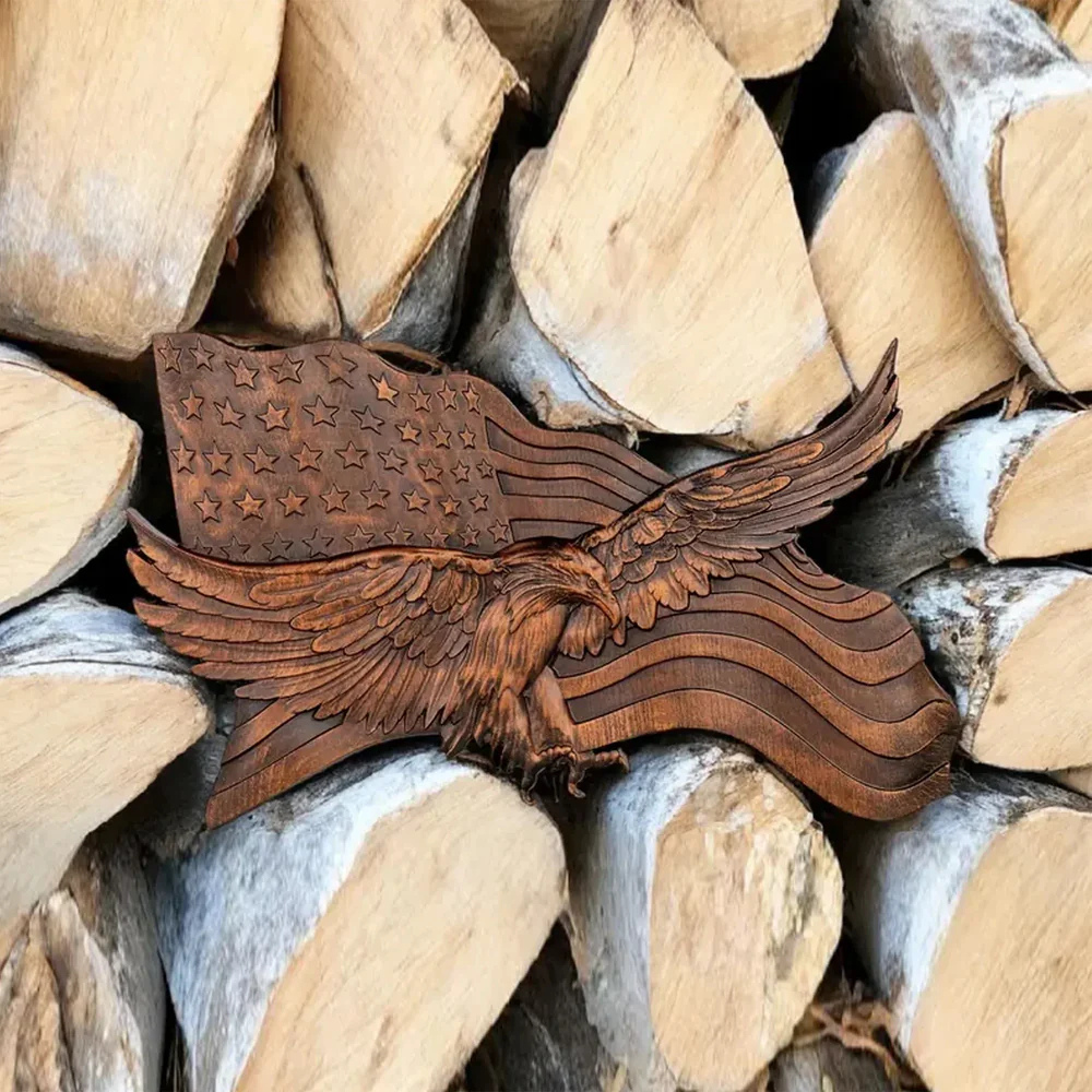 Kalsten | American Flag Wood Wall Art Hand Carved Eagle Patriotic Decoration