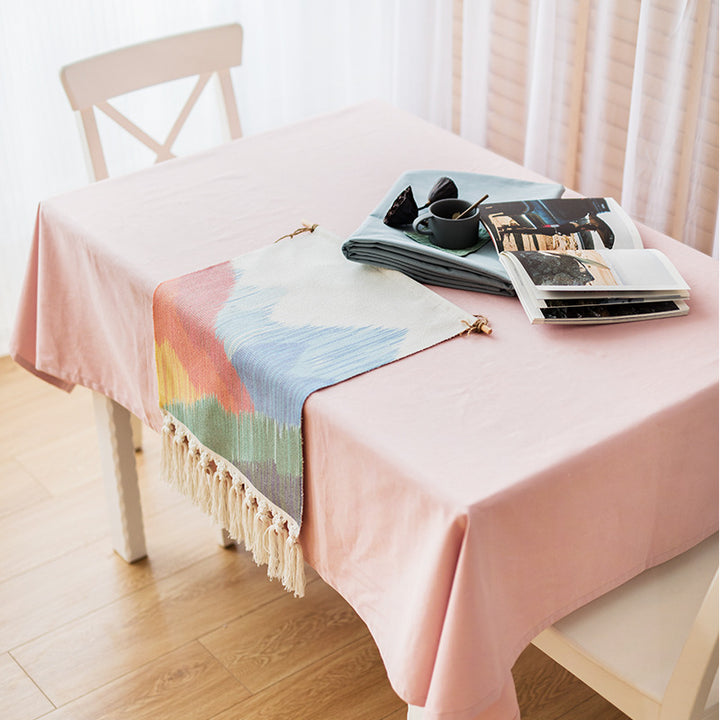 Rectangular woven table runner in watercolor jacquard with cotton fringes