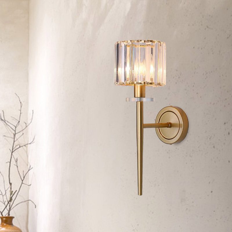 Crystal Block Gold Wall Sconce Cylindrical 1 Light Simple Wall Lighting Fixture with Iron Pencil Arm | Kalsten