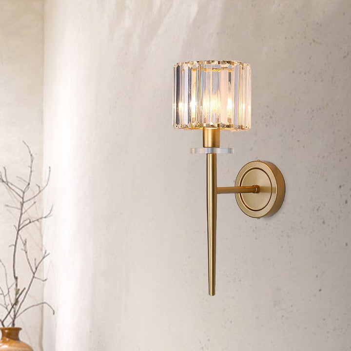 Crystal Block Gold Wall Sconce Cylindrical 1 Light Simple Wall Lighting Fixture with Iron Pencil Arm | Kalsten