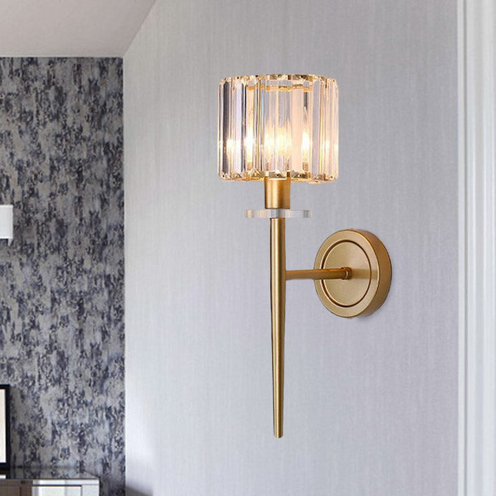 Crystal Block Gold Wall Sconce Cylindrical 1 Light Simple Wall Lighting Fixture with Iron Pencil Arm | Kalsten