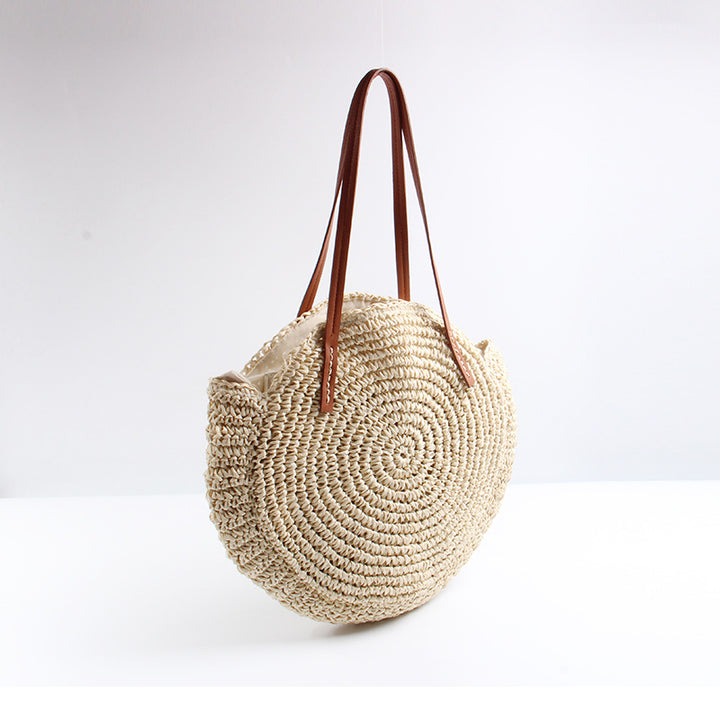 Handcrafted Round Basket Bag with Short Leather Handles Kalsten