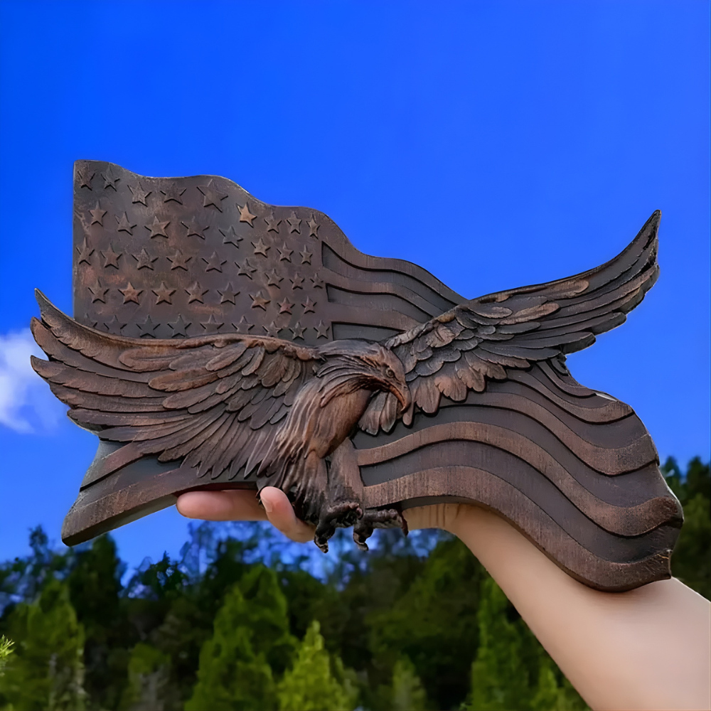 Kalsten | American Flag Wood Wall Art Hand Carved Eagle Patriotic Decoration