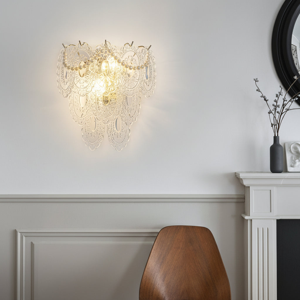Glass Wall Sconce – French Leaf Feather Pearl Gold (E14 Dimming & 31x34cm) | Kalsten