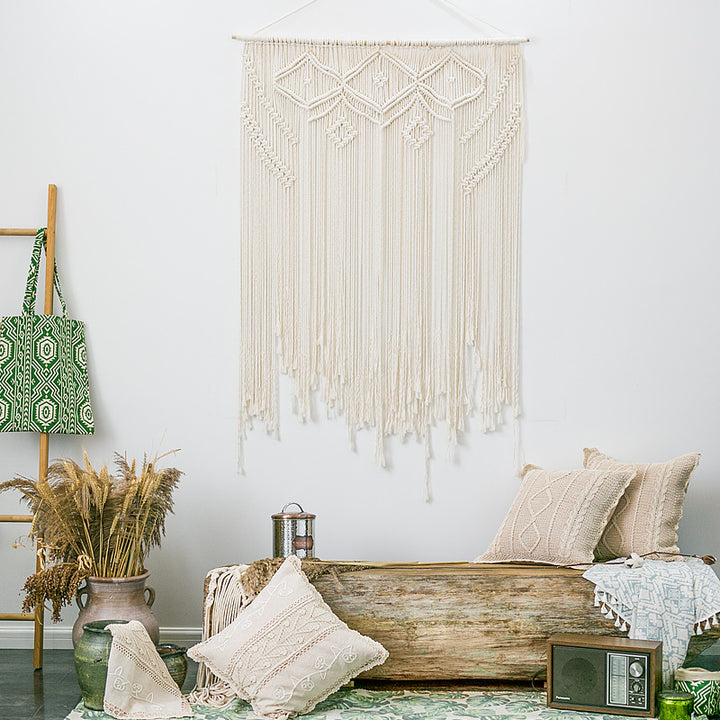 Macrame-Wall-Hanging-Set with handmade fringes and Boho-seat-cushion