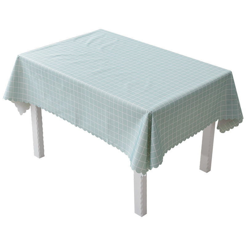 Round washable tablecloth with fine checkered grid pattern and wavy hem