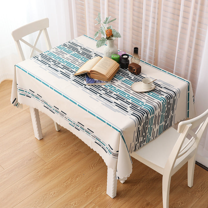 Round washable tablecloth with fine checkered grid pattern and wavy hem