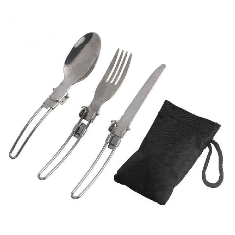 Foldable Stainless Steel Camping Cutlery Set with Locking Hinge and Carry Pouch Kalsten
