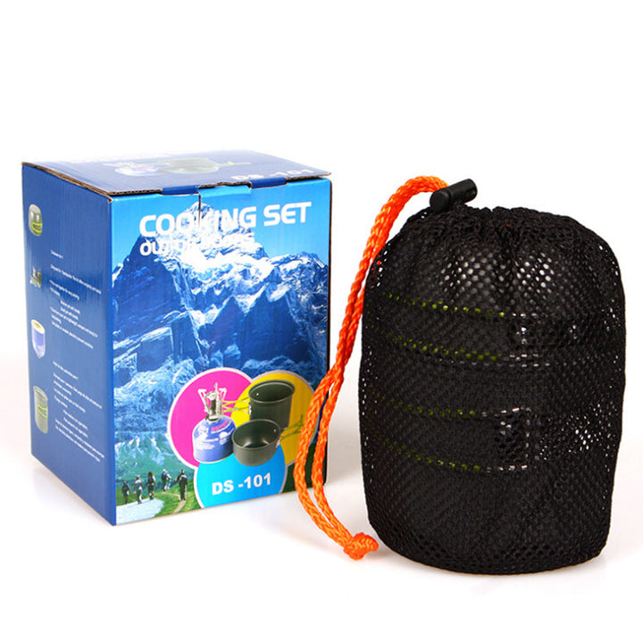 lightweight packable backpacking cookware and compact gas stove set with nonstick nesting pots and folding handles Kalsten