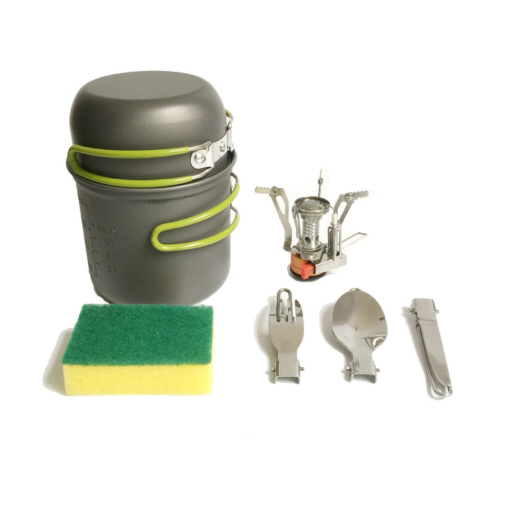 lightweight packable backpacking cookware and compact gas stove set with nonstick nesting pots and folding handles Kalsten