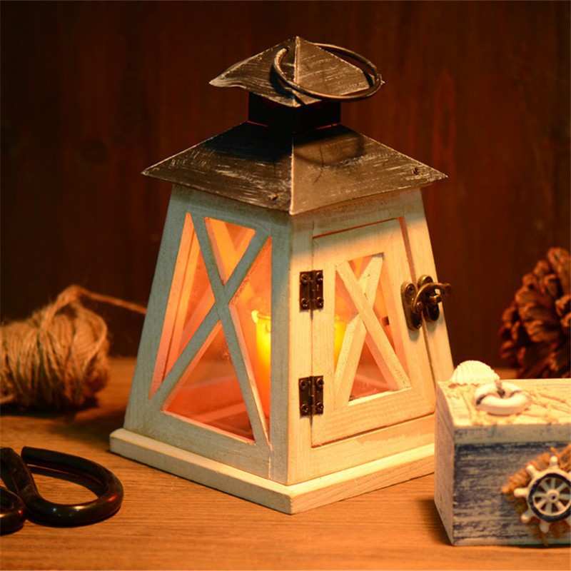 Rustic Distressed Wood Lantern Candle Holder with Glass Panels and Metal Roof Kalsten